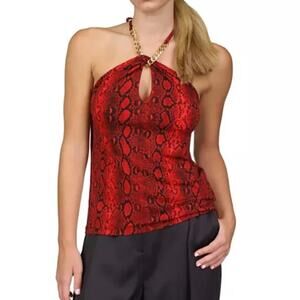 Michael Kors Red Crimson Snakeskin Keyhole Chain Tie Neck Halter Top SM/Med NWT